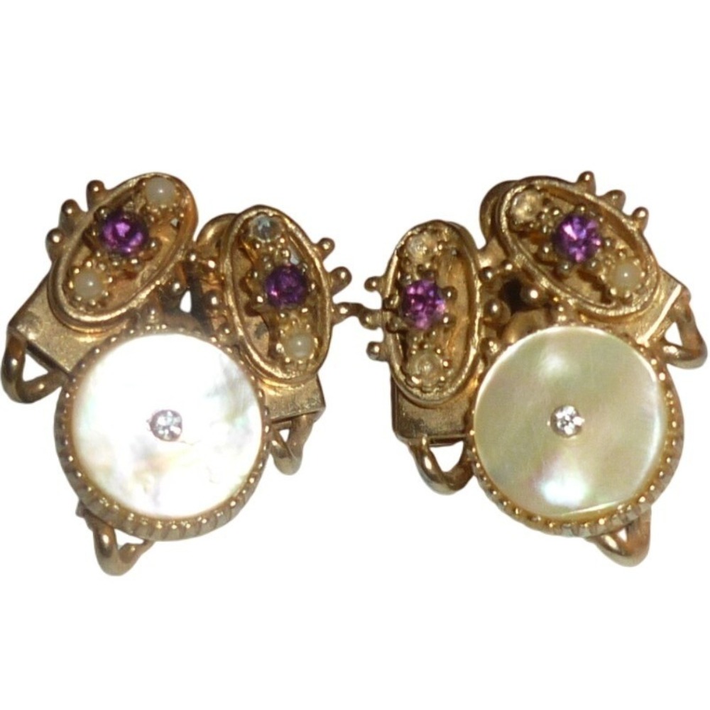 Vintage Mid Century Gold Tone Mother of Pearl Purple Rhinestone Clip On Earrings